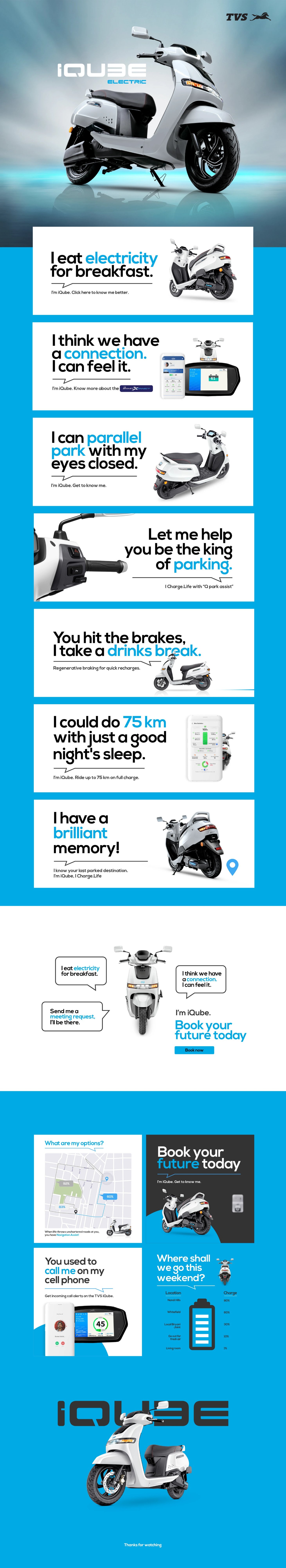 TVS iQube Electric campaign: key visual, a series of feature-led digital ads, social posts and a closing brand frame